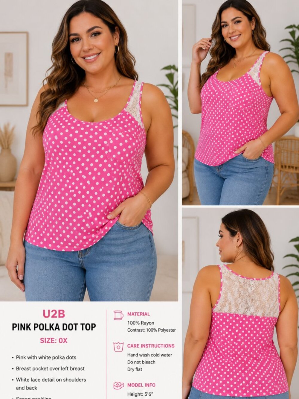 U2B 0X Pink White Polka Dot Lace Trim Pocket Top